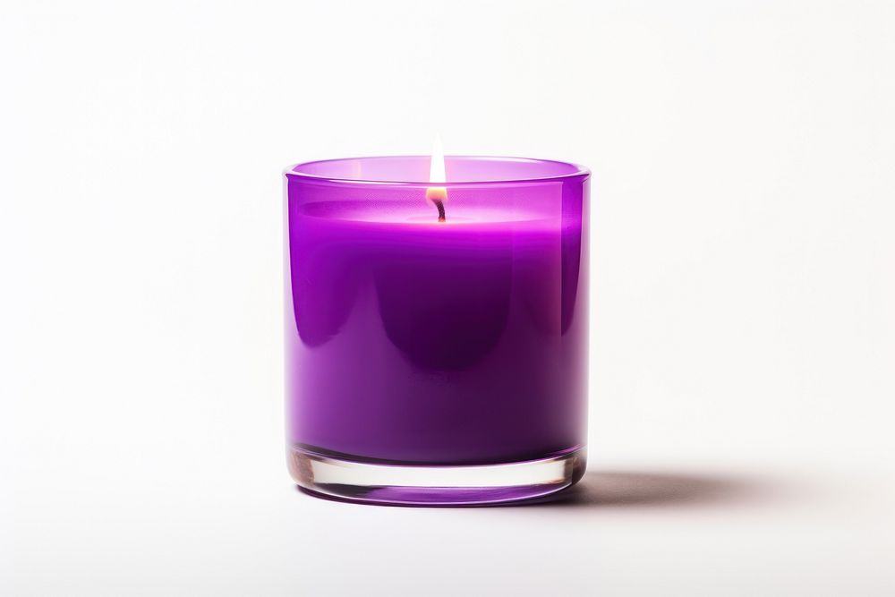 Mockup of a candle purple glass white background.