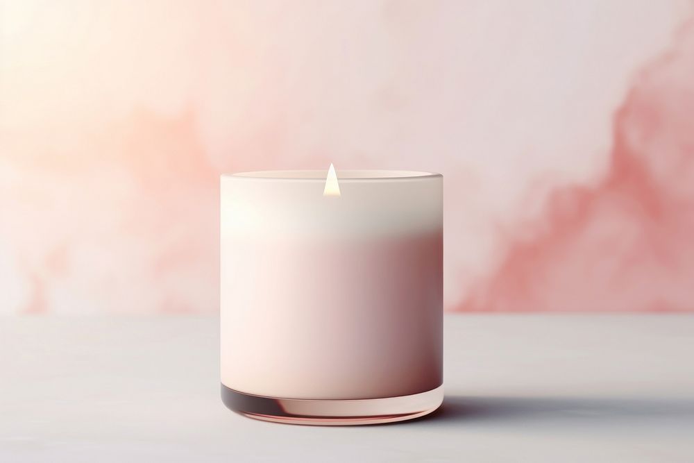 Mockup of a candle with white label glass pink lighting.