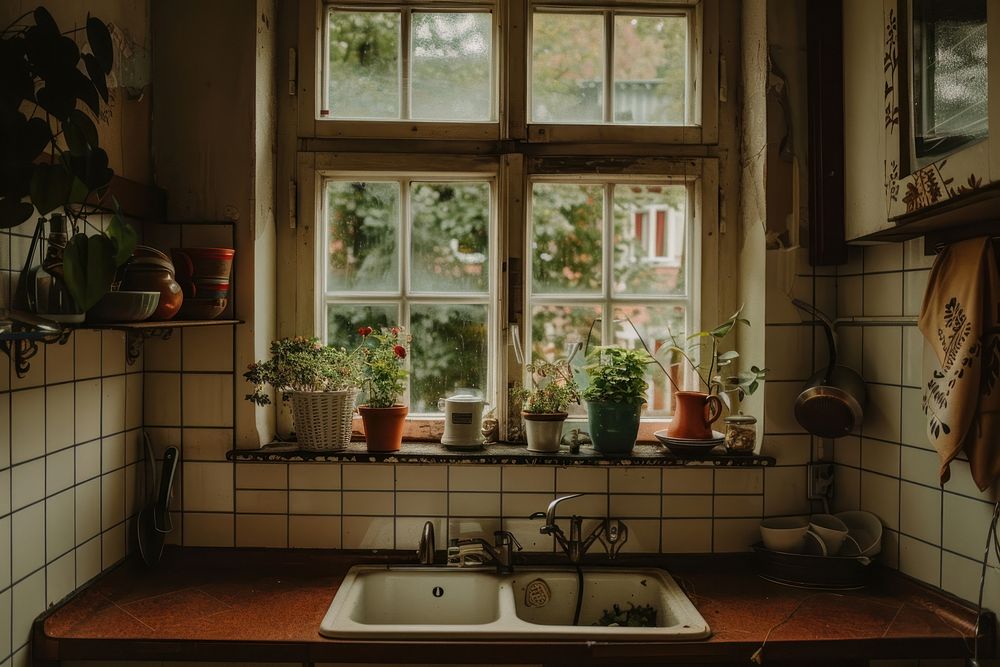 Modern kitchen interior windowsill plant sink.