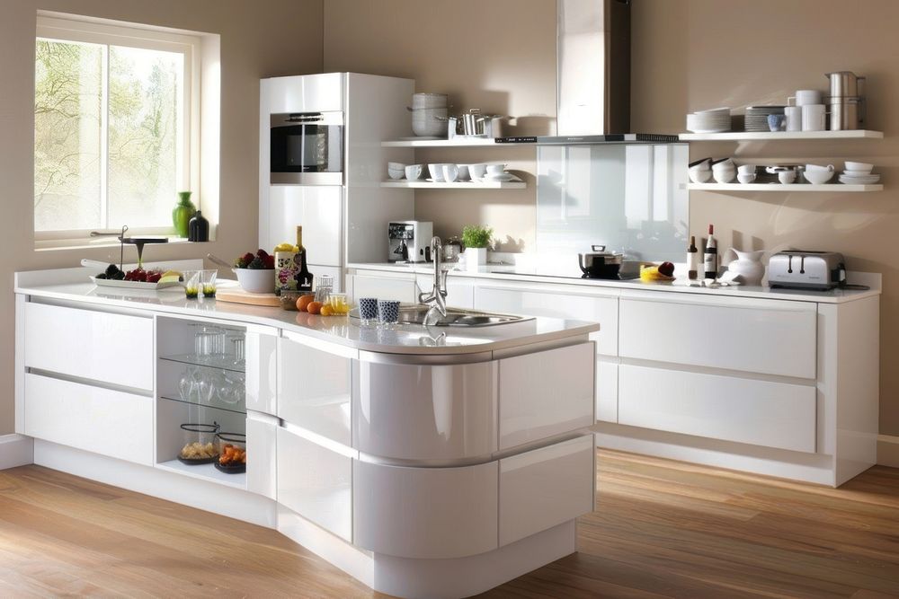 Modern kitchen interior appliance sink oven.