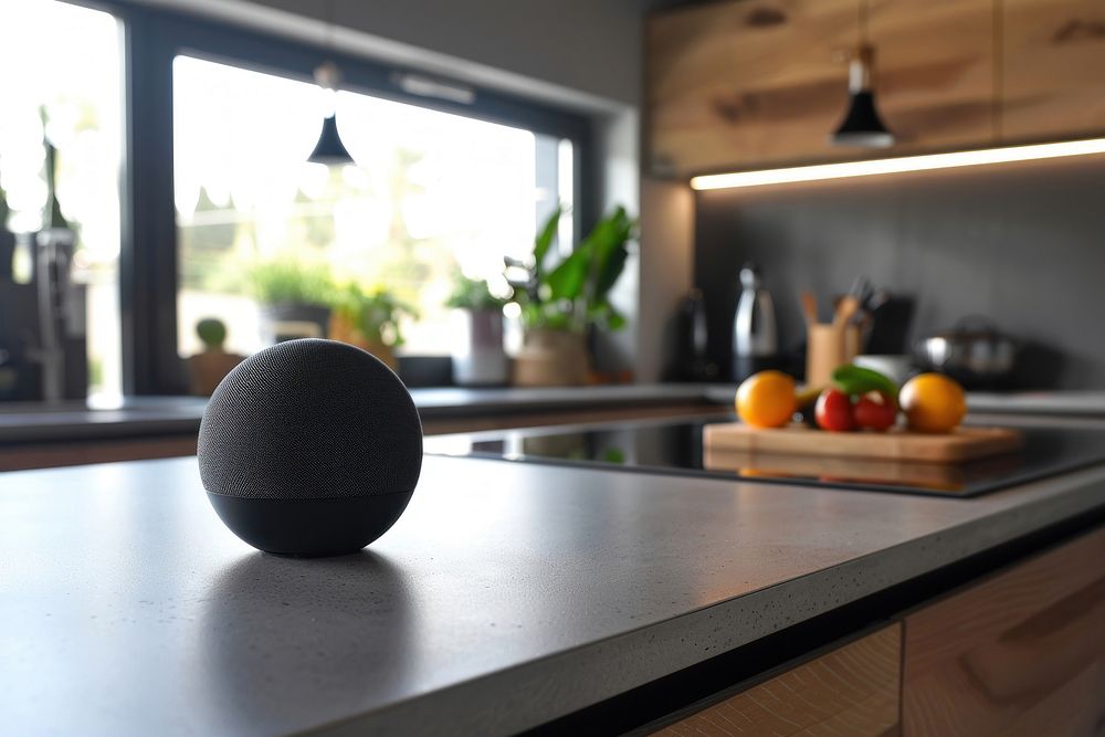 Modern smart speaker in kitchen furniture table plant.