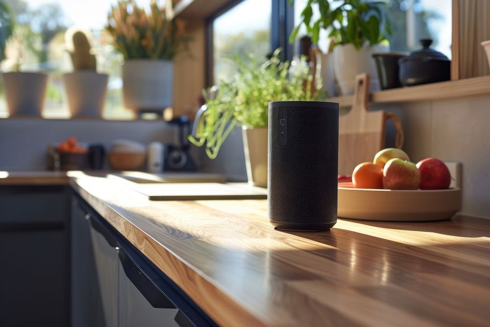 Modern smart speaker in kitchen table wood refreshment.