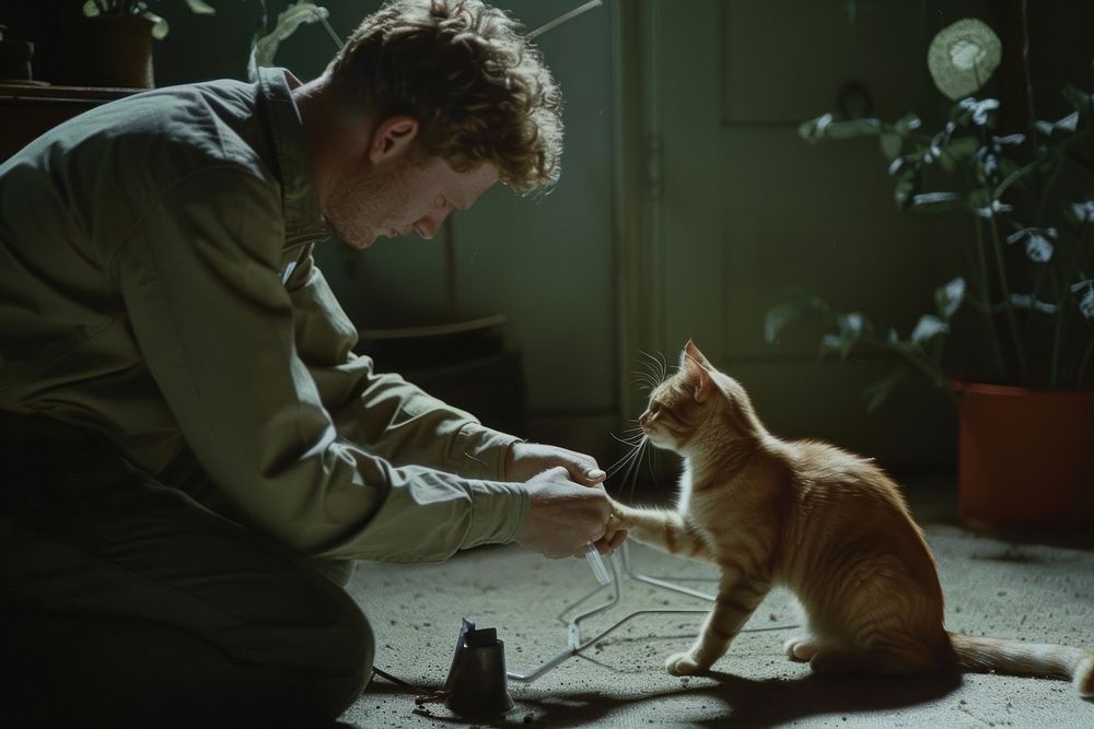 Man playing with a cat animal mammal kitten.