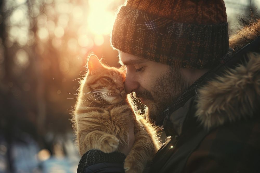 Man playing with a cat portrait outdoors kissing.