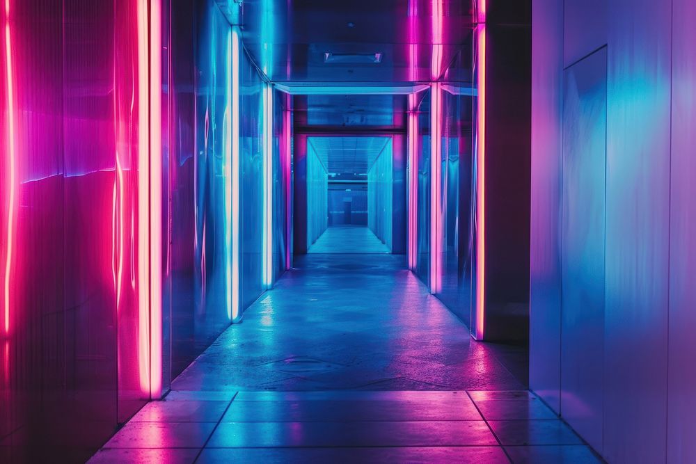 Neon light geometric digital background architecture corridor illuminated.