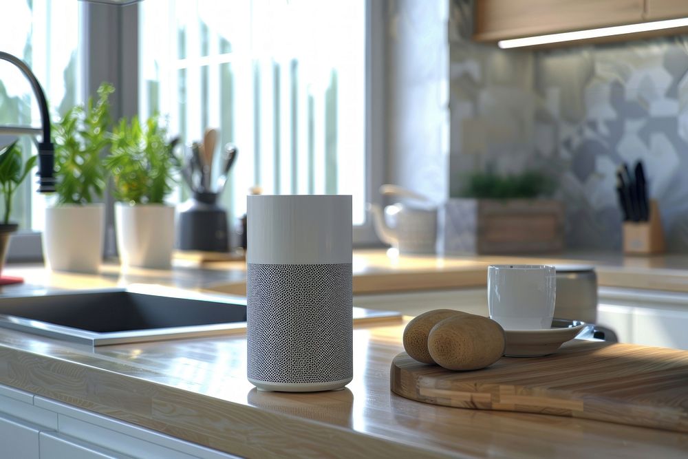 Smart speaker in kitchen table cup mug.