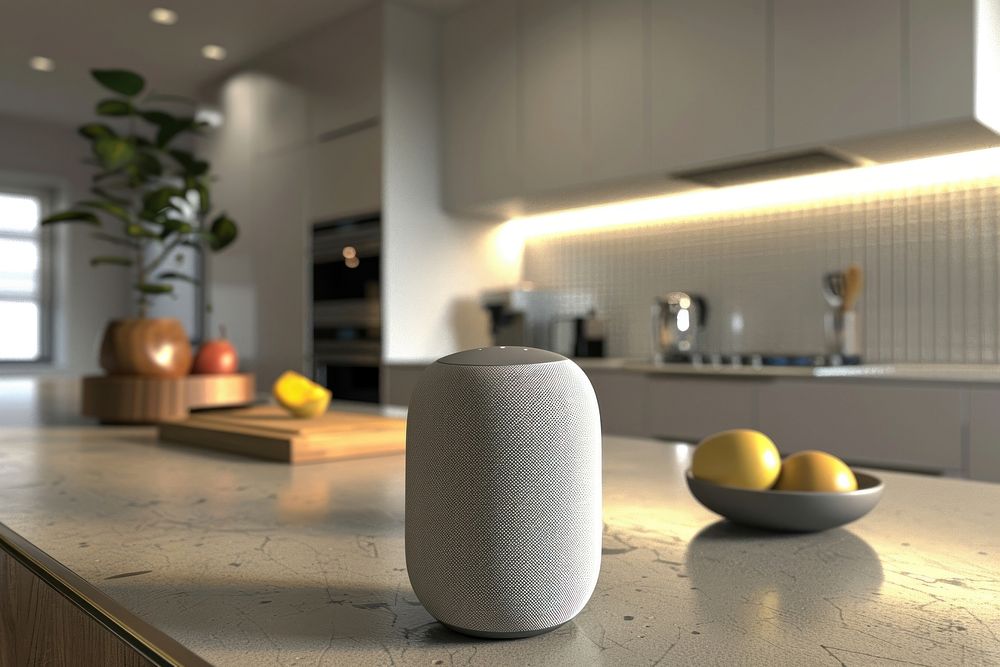 Smart speaker in kitchen table fruit electronics.