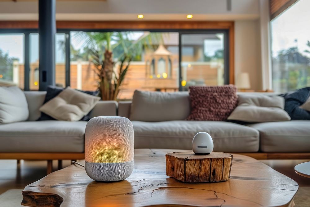 Smart speaker in living room architecture furniture table.