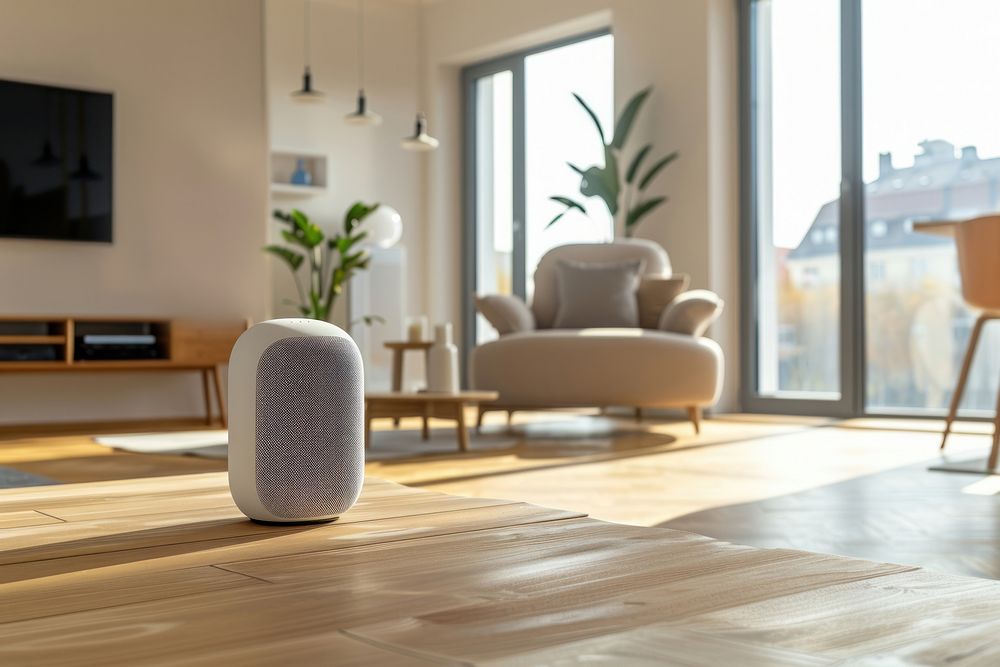Smart speaker in living room architecture flooring building.