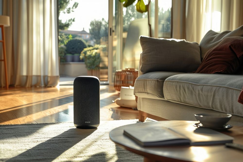 Smart speaker in living room architecture table loudspeaker.