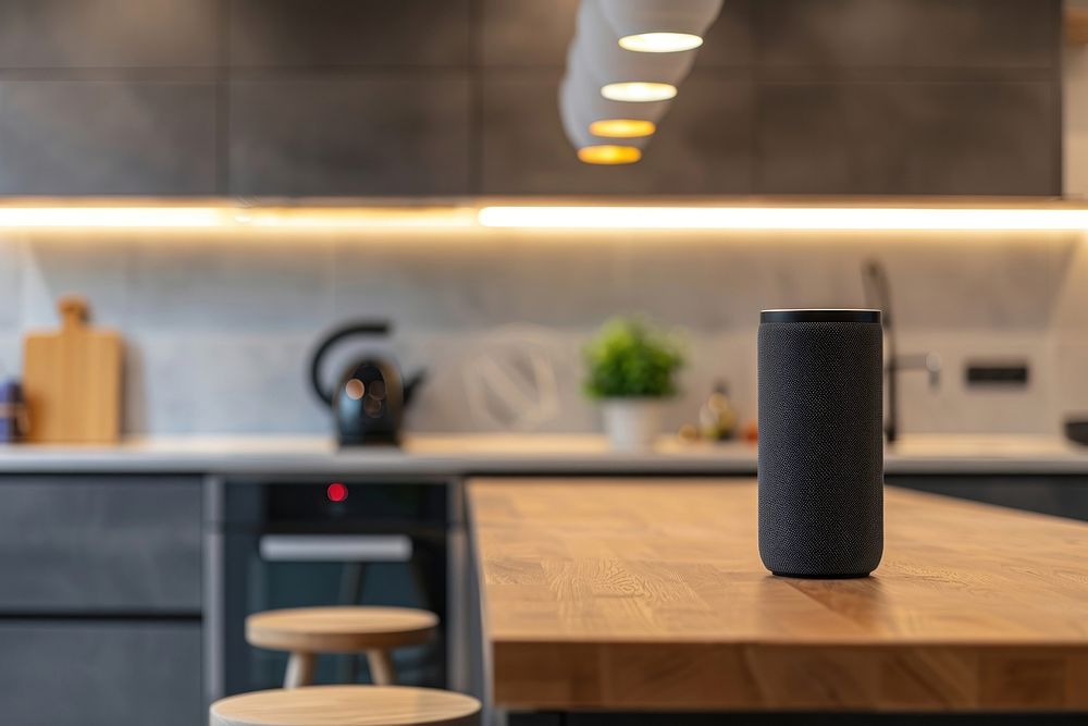 Smart speakers in kitchen table loudspeaker electronics.
