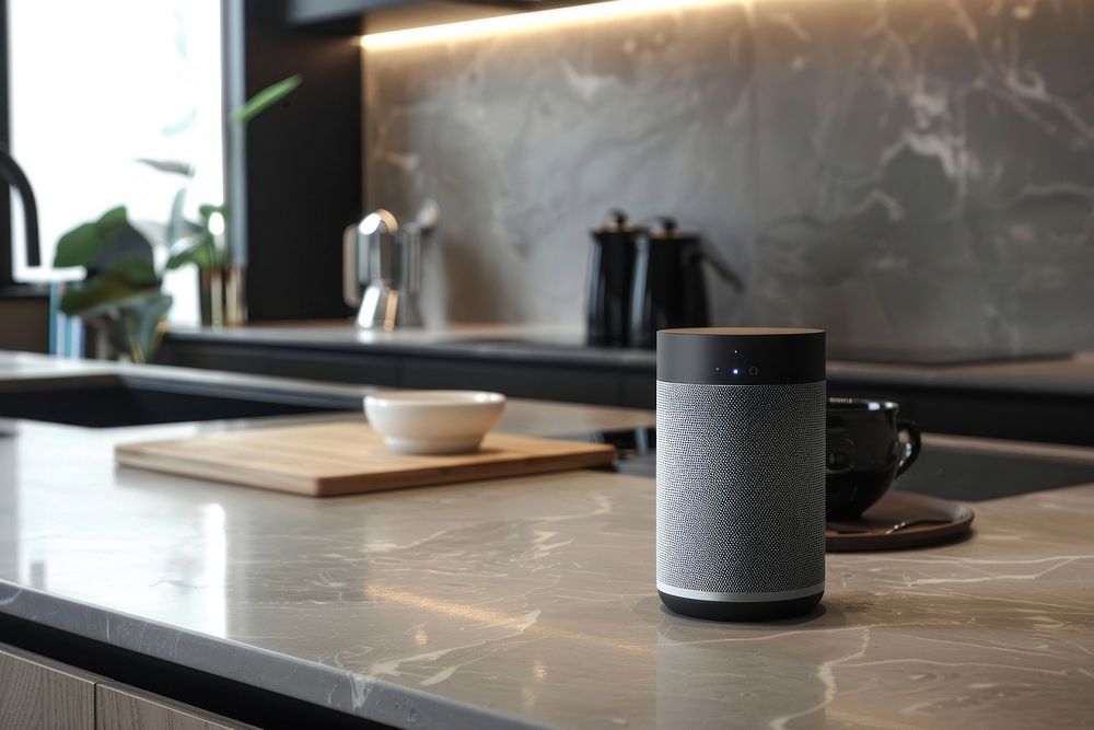 Smart speakers in kitchen table cup mug.