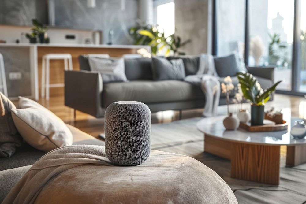 Smart speakers in living room furniture table architecture.