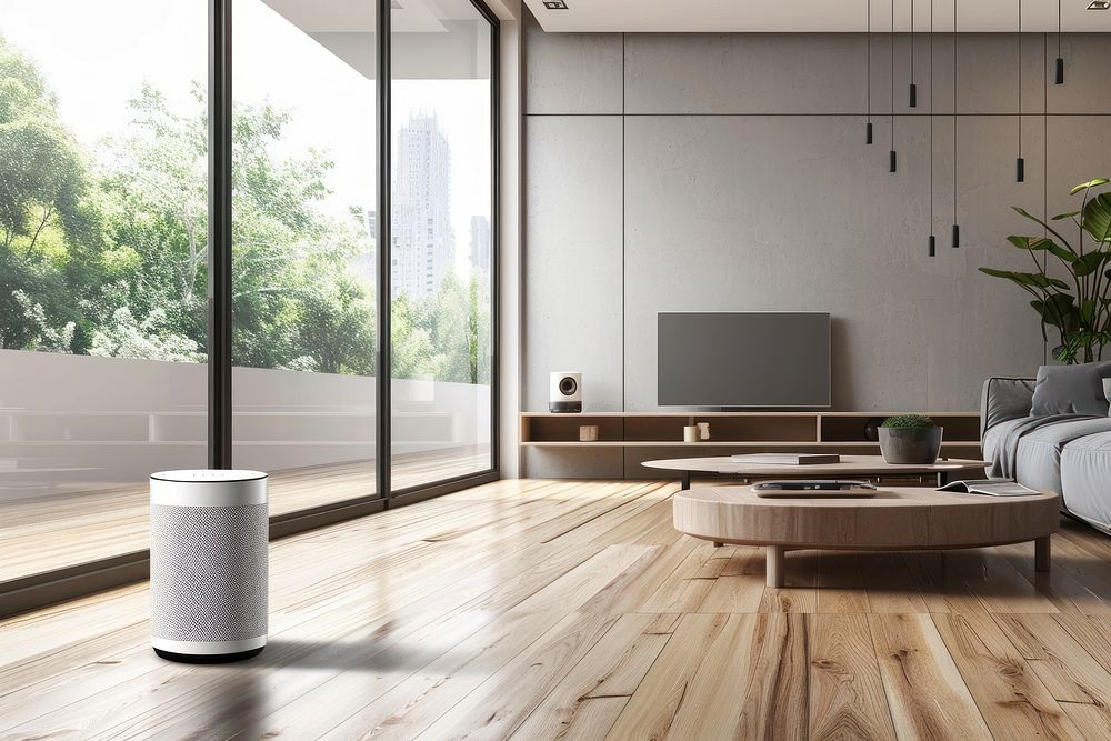 Smart speakers in living room architecture flooring building.