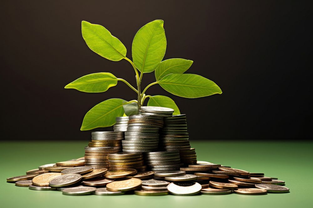 Photo of plant in pile of coins money leaf investment.