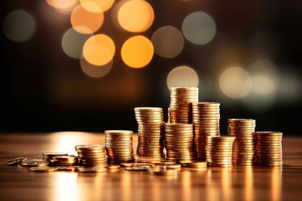 Rows of coins and blurred bokeh for finance banking money illuminated.