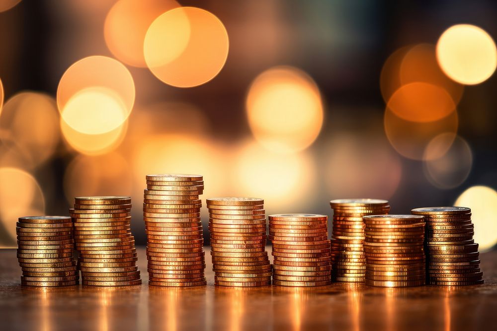 Rows of coins and blurred bokeh for finance banking money illuminated.