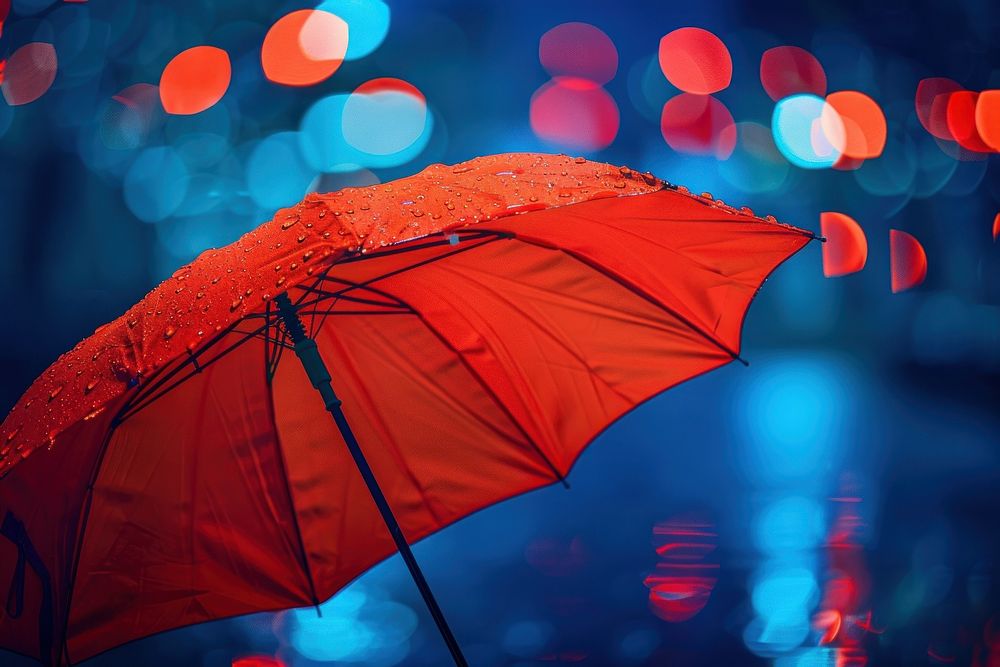 Red umbrella illuminated protection sheltering.