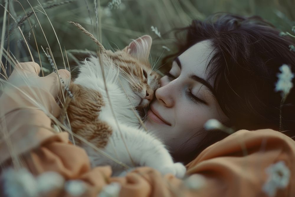 Woman playing with a cat sleeping portrait animal.