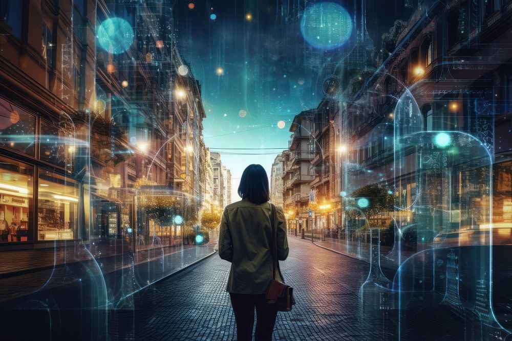 Woman walking on street in smart city technology outdoors adult.
