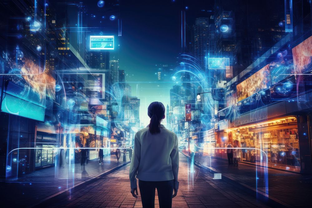 Woman walking on street in smart city architecture technology cityscape.