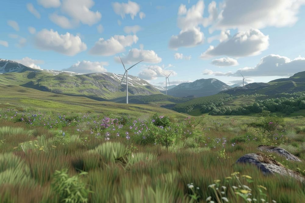 Wind turbine vegetation landscape grassland.