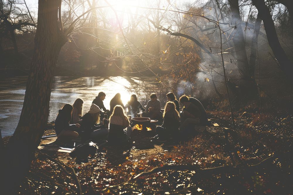 Teenager picnic sunlight outdoors woodland.