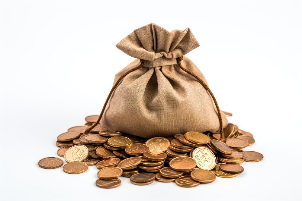 Opened bag of coins money white background investment.
