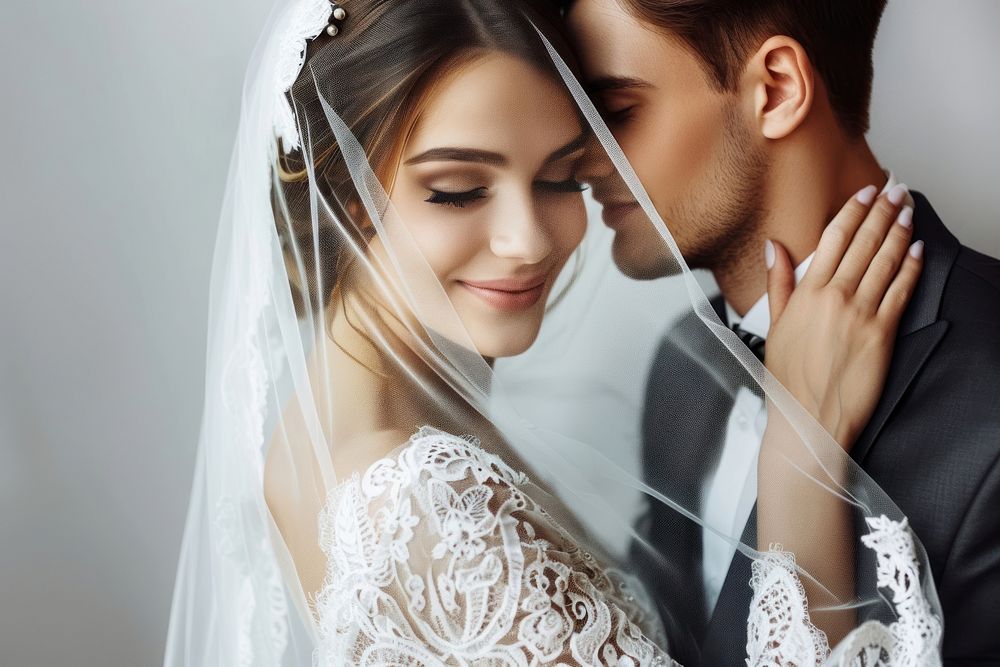Bride and groom wedding dress veil.