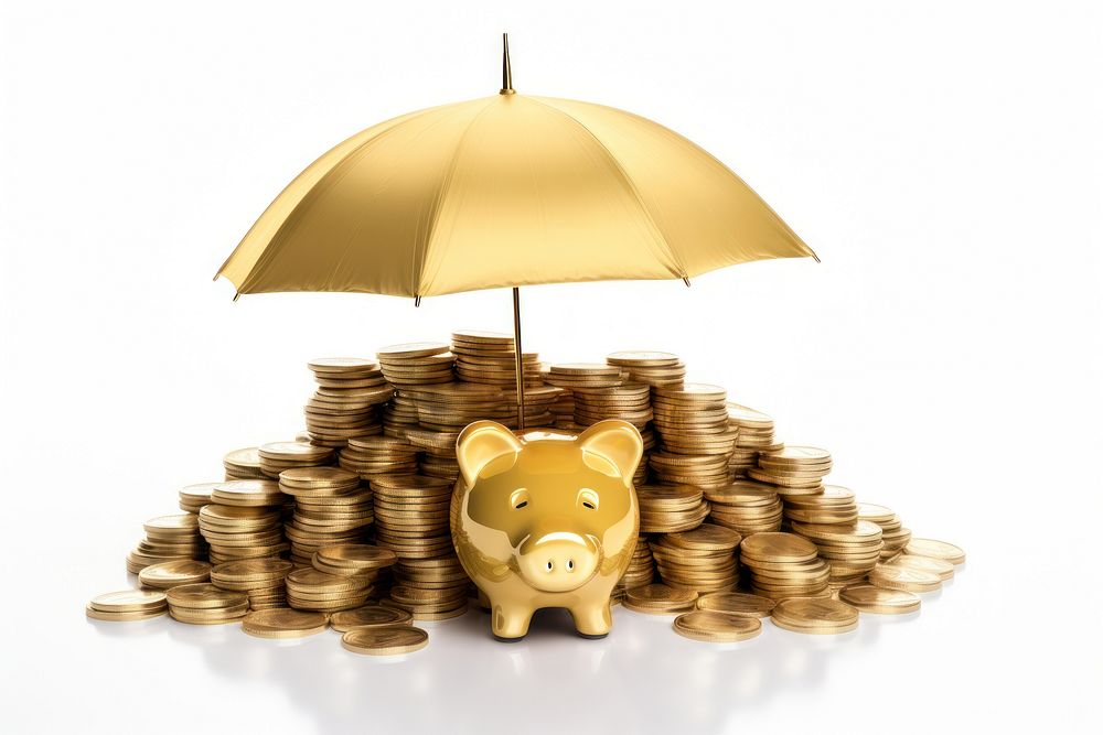 Umbrella covering stack of a gold piggy bank umbrella investment sheltering.