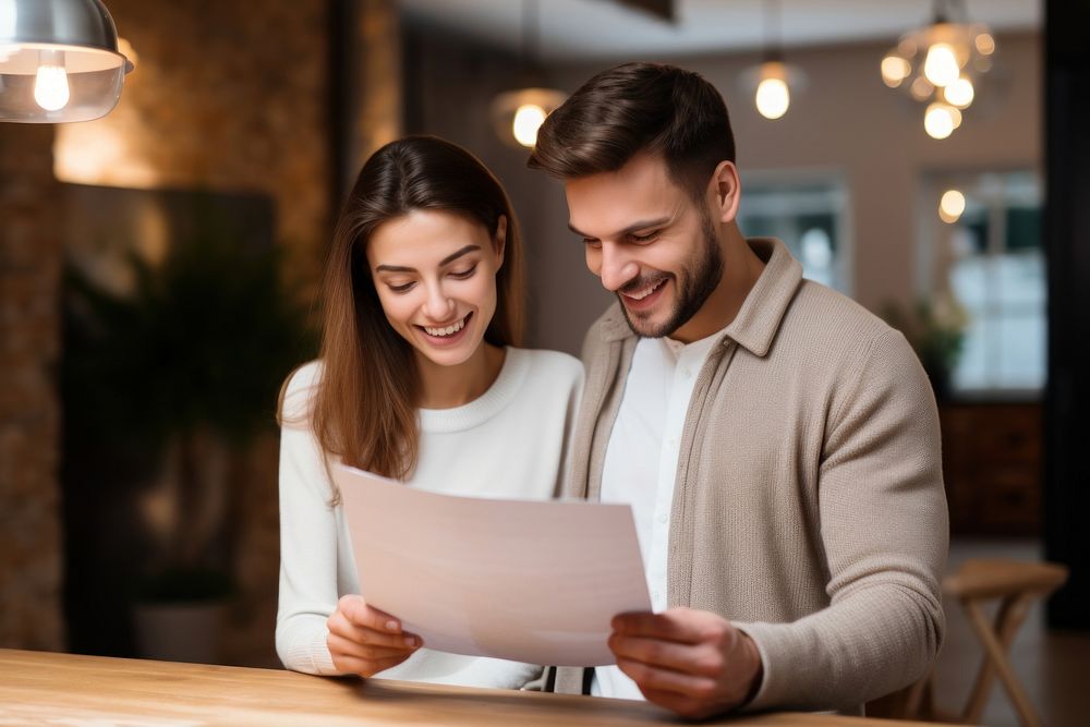 Young couple holding and looking at paperwork stock photo adult togetherness architecture.