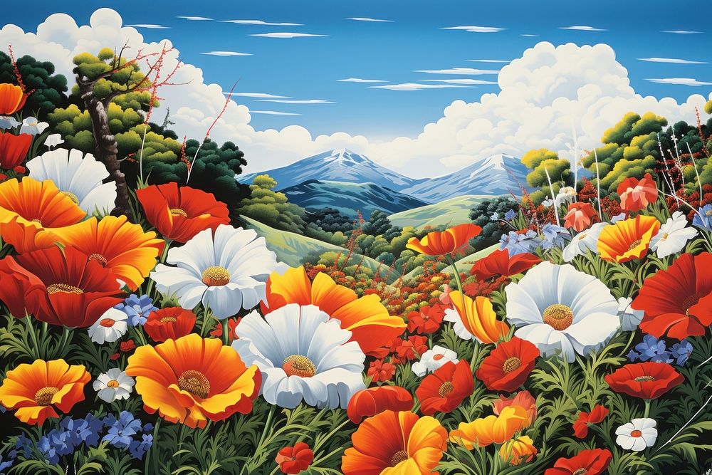 Flower field landscape outdoors painting.