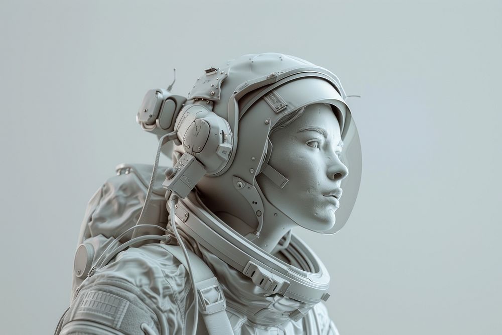 Female astronaut wearing spacesuit portrait headshot headwear.
