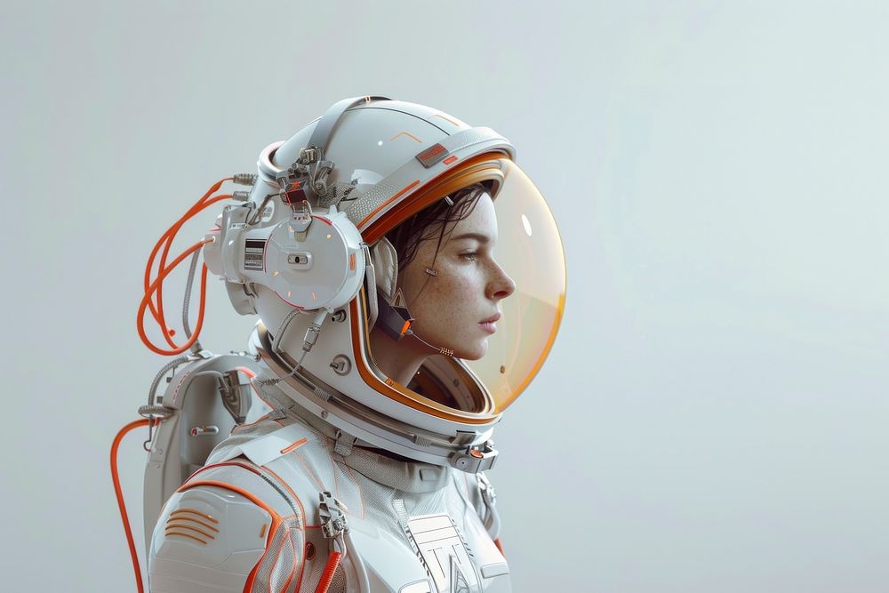 Female astronaut wearing spacesuit technology futuristic portrait.