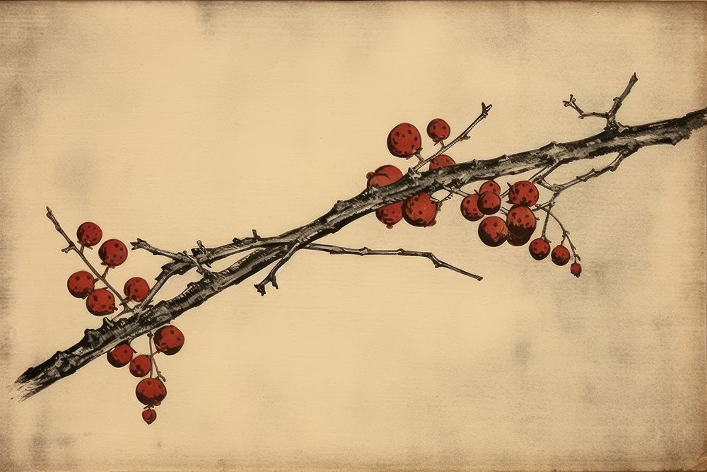 PNG Traditional japanese twig painting plant art.