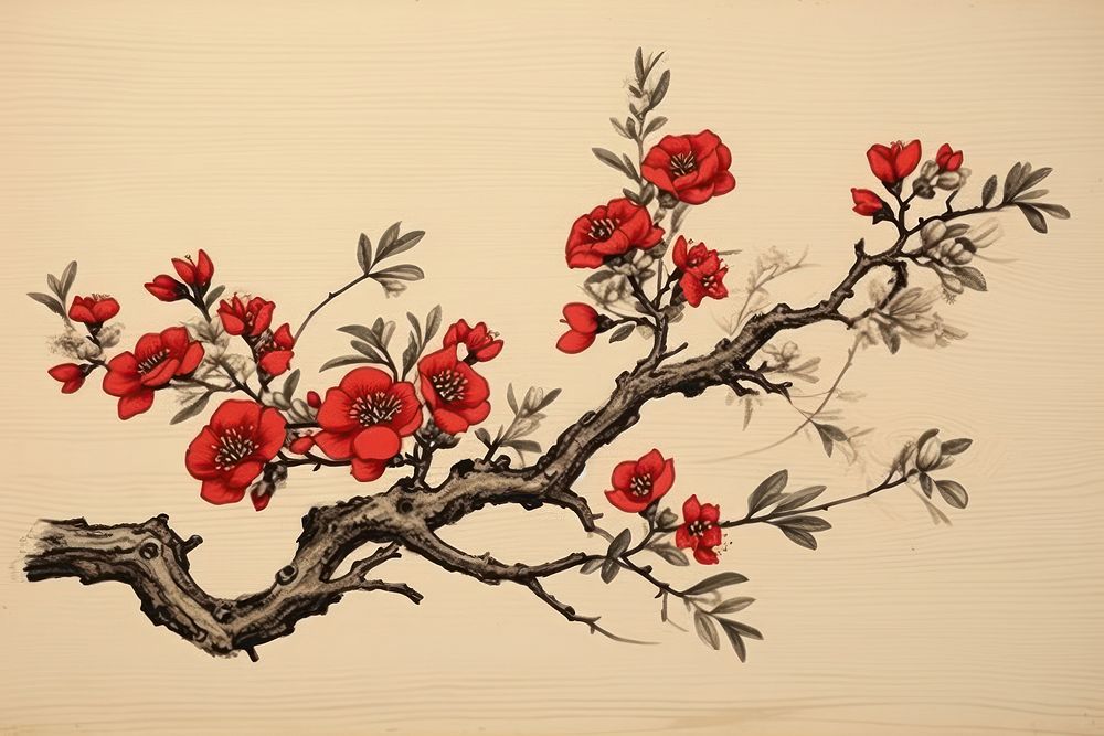 PNG Traditional japanese twig painting pattern flower.