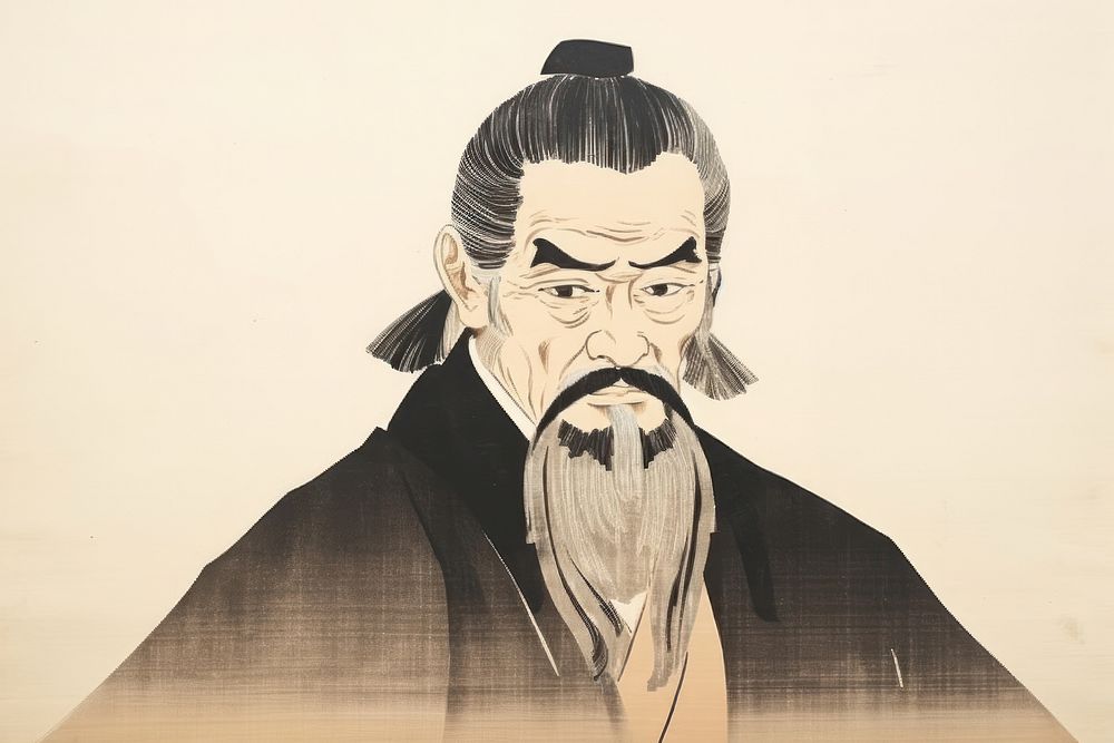 Traditional japanese a samuri man portrait drawing sketch.