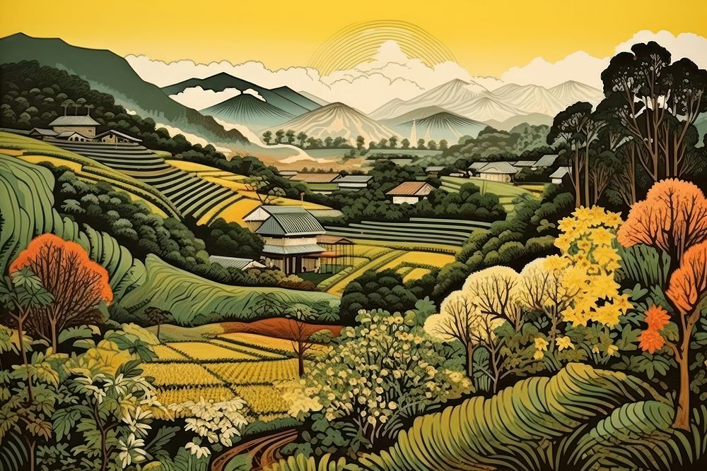Traditional japanese countryside agriculture landscape outdoors.