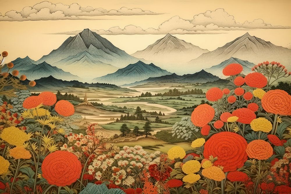 Traditional japanese countryside landscape outdoors painting.