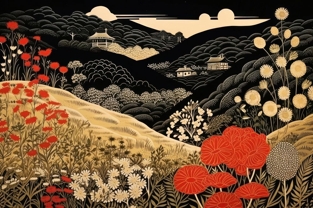 Traditional japanese countryside pattern plant art.