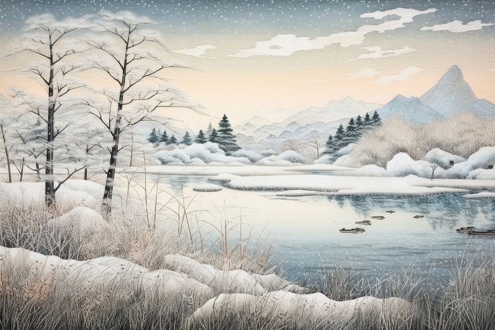 Traditional japanese frozen lakes landscape outdoors nature.