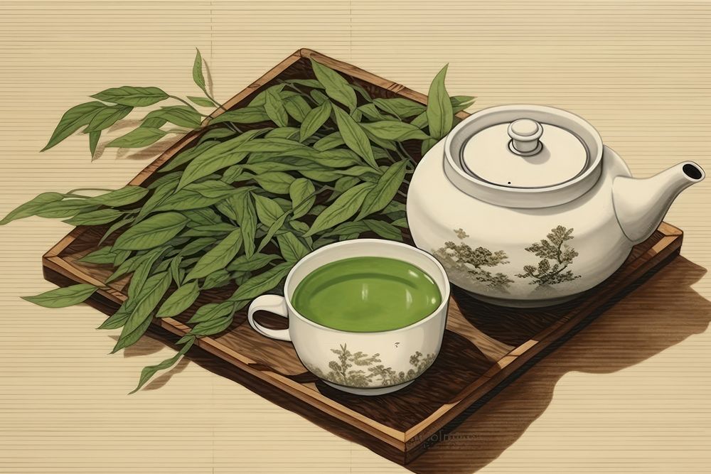 Traditional japanese green tea drink wood cup.