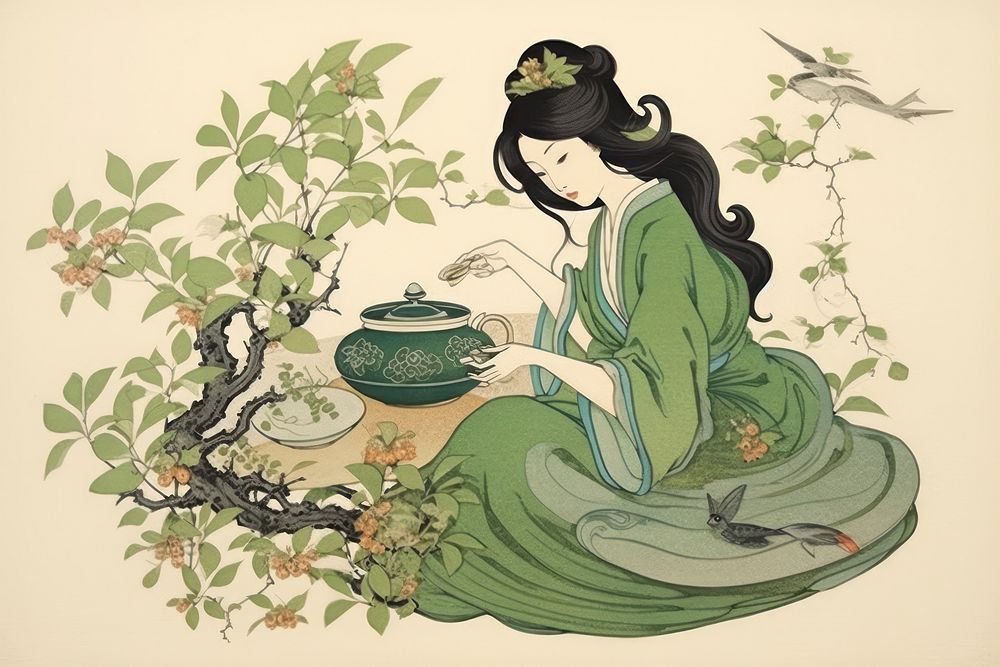 Traditional japanese green tea painting drawing sketch.