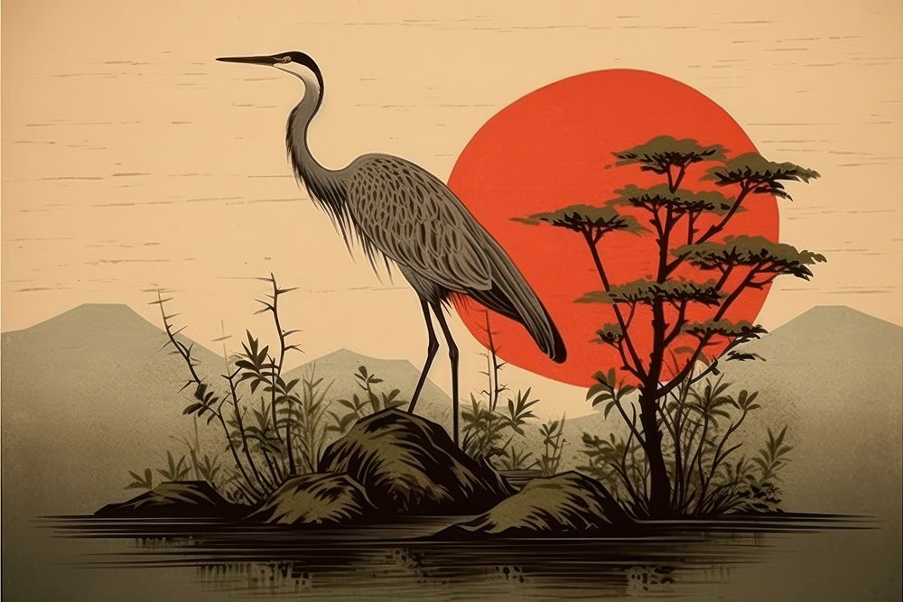 Traditional japanese heron animal bird silhouette.