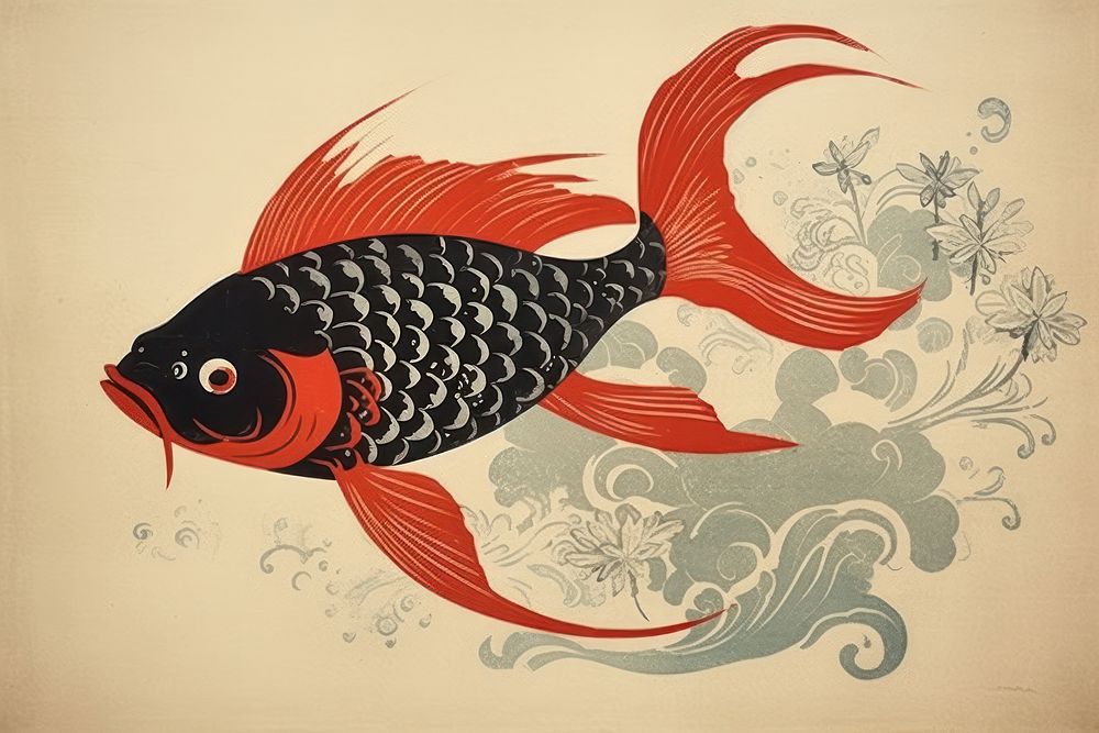 Traditional japanese koifish goldfish animal calligraphy.