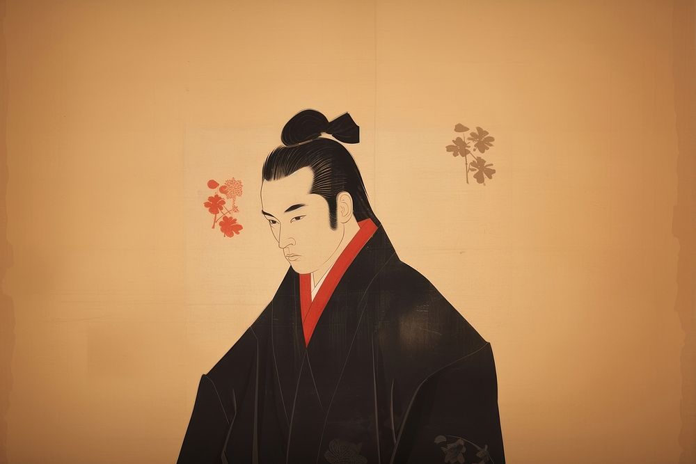 Traditional japanese man wearing samuri adult robe representation.