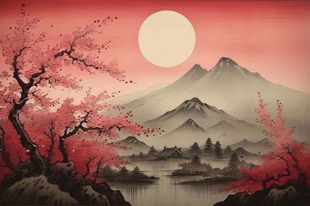 Traditional japanese mist landscape outdoors painting.