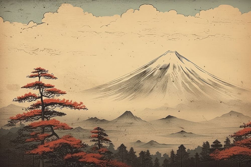 Traditional japanese mountain fuji landscape outdoors drawing.