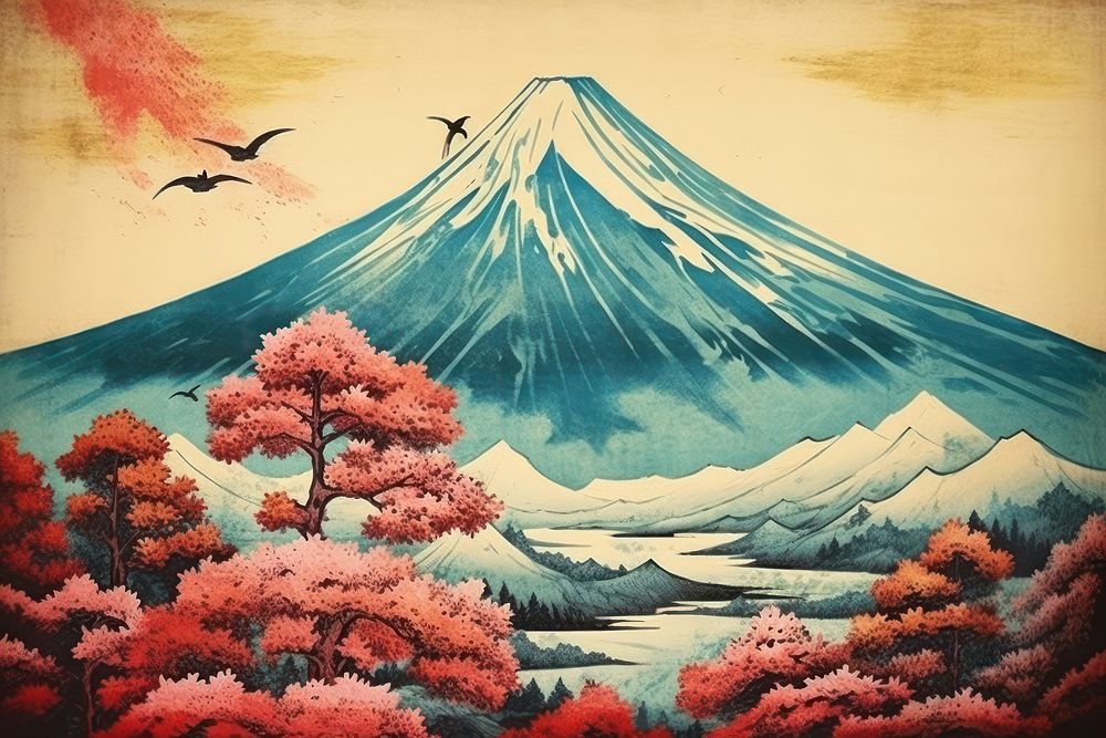 Traditional japanese mountain fuji outdoors painting nature.