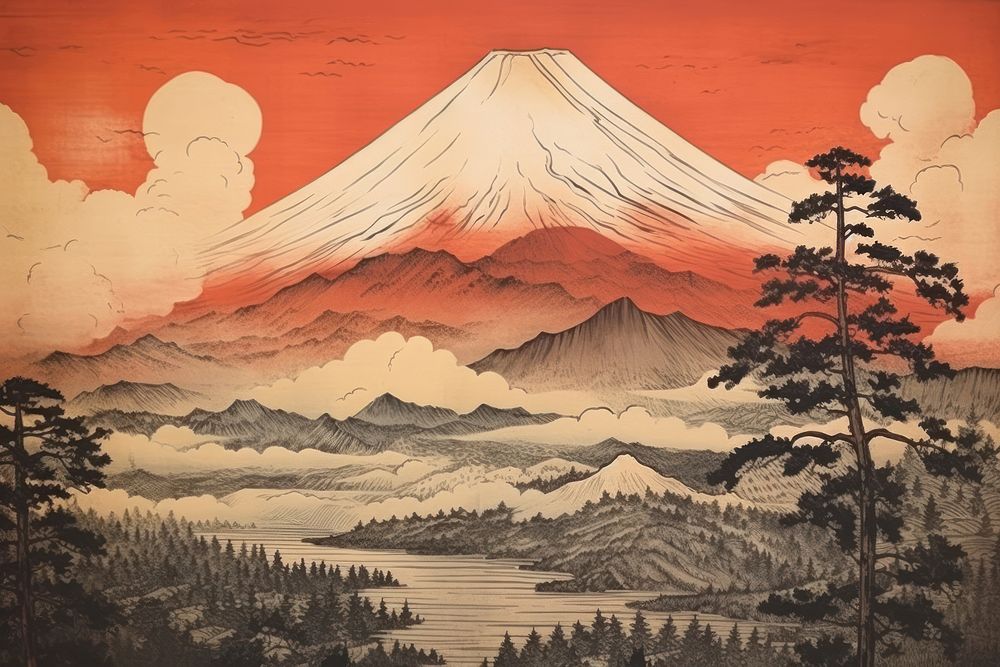 Traditional japanese mountain fuji landscape outdoors painting.